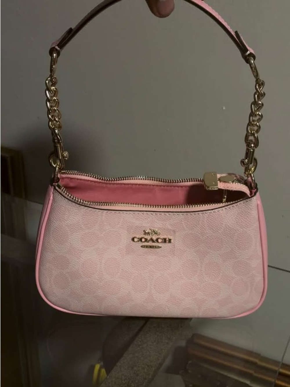 Coach Light Pink Signature Canvas Shoulder Bag with Gold Hardware